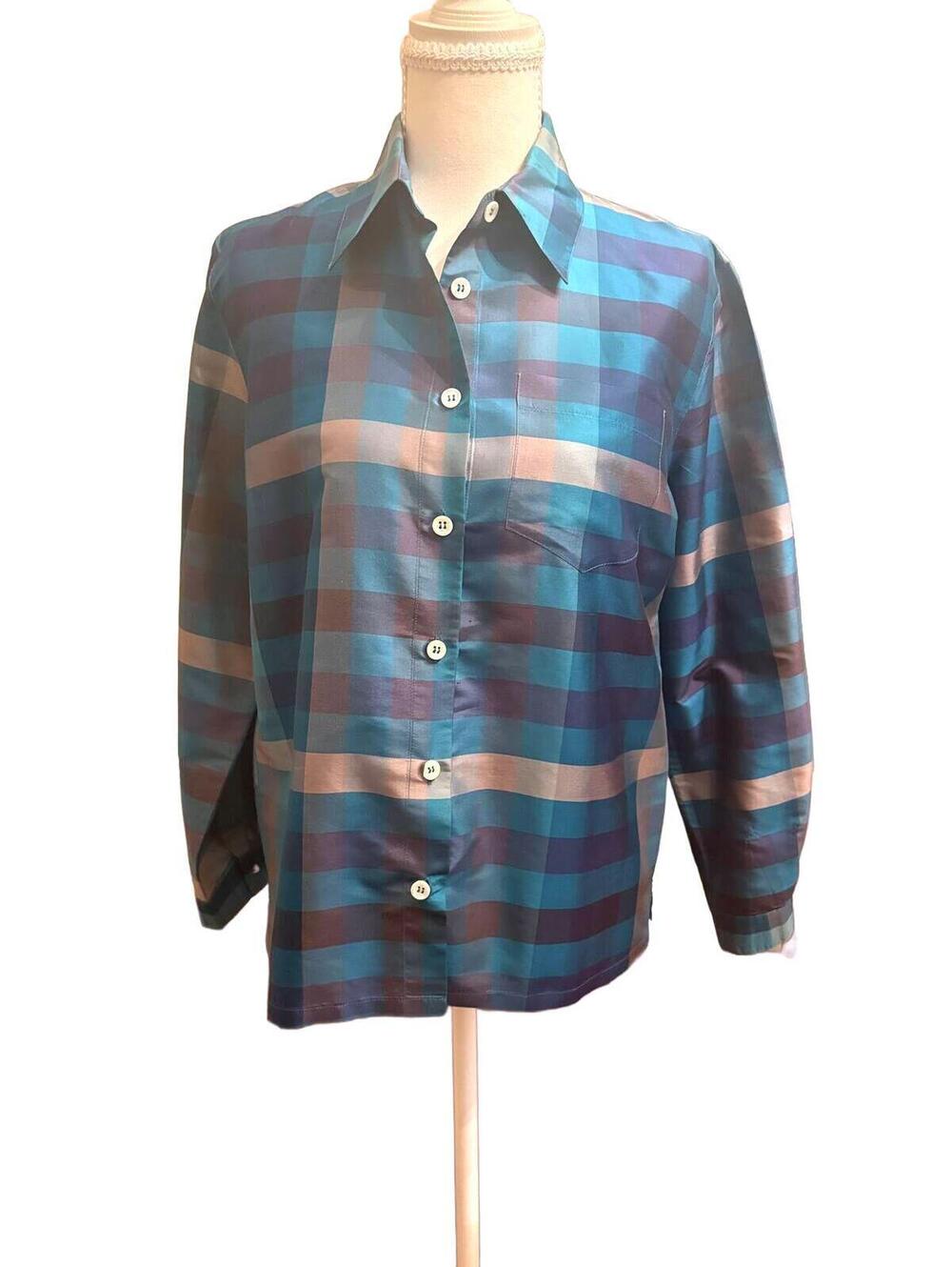 RARE Vintage plaid silk blue blouse / button up modern fit S